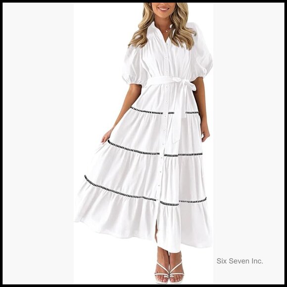 Dresses & Skirts - Viscose Polyester Polyamide Maxi Dress with Puffy Sleeves and Pockets